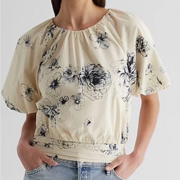 Express Floral Gathered Neck Puff Sleeve Banded HemTop, CottageCore, Office, L - Picture 1 of 13
